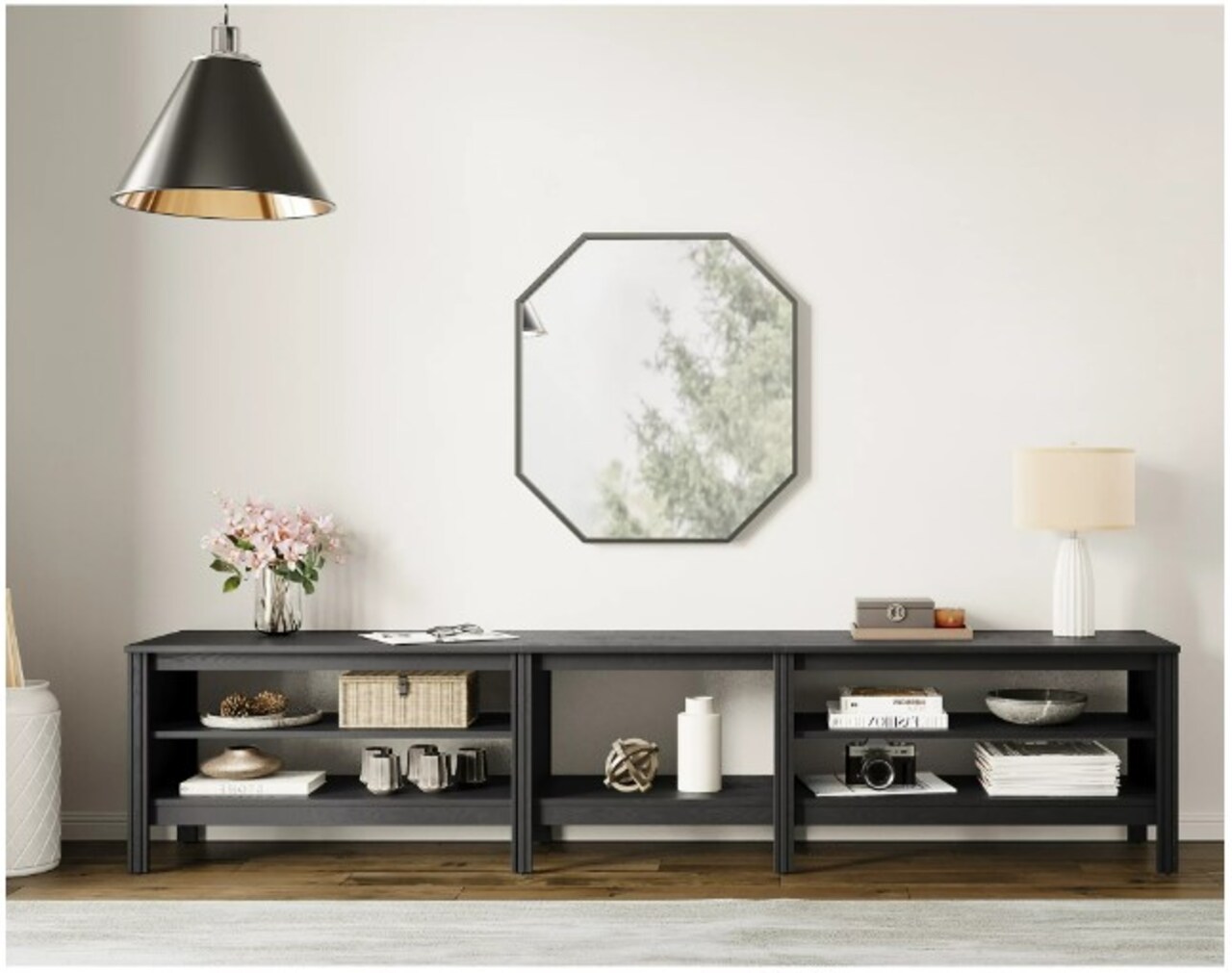 95-inch TV Stand for 85-inch Flat Screen, Wood Media Console Storage Cabinet Entertainment Centre with 6 Open Shelves, Black